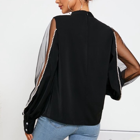Elegant Sheer Mesh Long Sleeve Pearls Beaded Mock Neck Blouse Blue - Picture 7 of 14